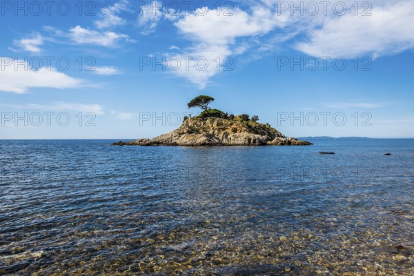 Small island, Plage de l'Estagnol, Bormes-les-Mimosas, Var, French Riviera, Provence-Alpes-Cote d'Azur, Cote d Azur, France
