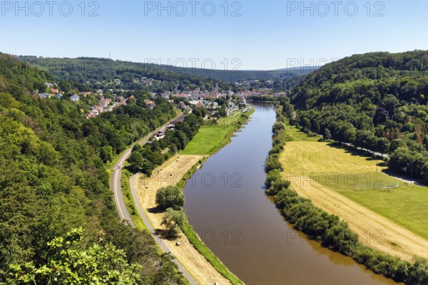 View of the Weser from the Skywalk towards Bad Karlshafen, Beverungen, Höxter, East Westphalia, Weserbergland, North Rhine-Westphalia, Germany