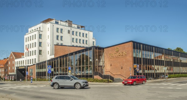 Hotel Fritiden in Ystad. The white part newly built in 2020 and the other is a converted public bath built in 1960. Ystad, Skåne County, Sweden, Scandinavia
