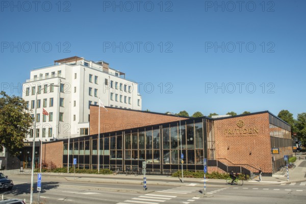 Hotel Fritiden in Ystad. The white part newly built in 2020 and the other is a converted public bath built in 1960. Ystad, Skåne County, Sweden, Scandinavia