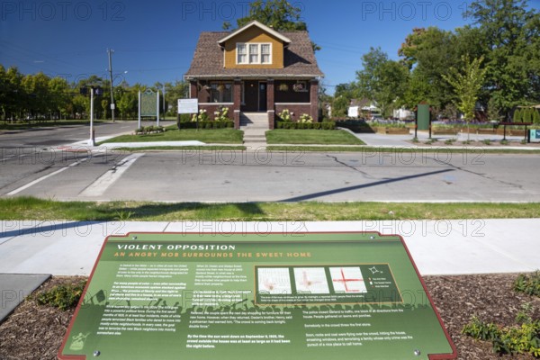 Detroit, Michigan, The Dr. Ossian Sweet home and memorial park. When Sweet moved his family into this then-all white neighborhood in 1925, a mob inspired by the Ku Klux Klan tried to force them out. Defenders of the home fired on the mob, killing one white man. Sweet and 10 others were charged with murder. They were defended by the NAACP and Clarence Darrow