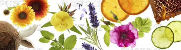 Various blossoms, herbs, coconut and honeycomb against a white background
