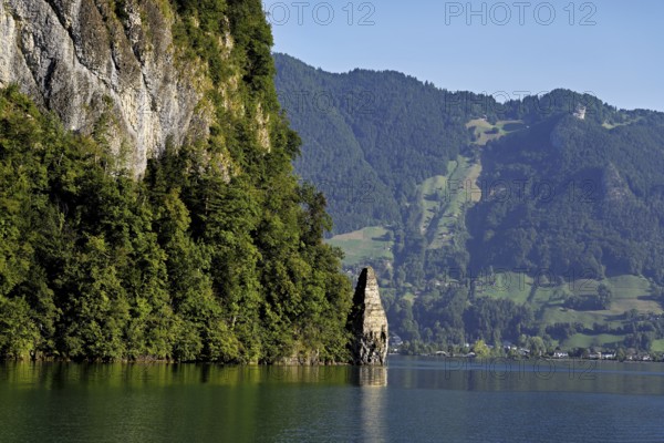 Schillerstein, Mythenstein, a striking boulder about 20 metres high at the entrance to Lake Uri, Lake Lucerne, Brunnen, Canton, Schwyz, Switzerland