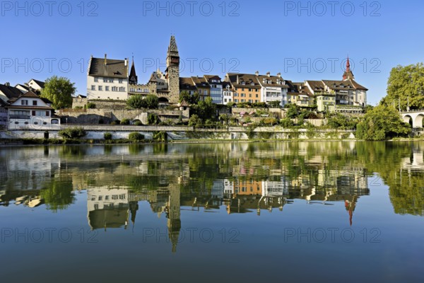 Old town with the tower of the Muri- Amthof, in the foreground the river Reuss, Bremgarten, Freiamt, Canton, Aargau, Switzerland