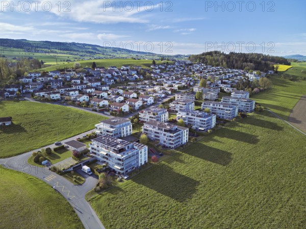 View of the village with the neighbourhood Freudenberg and Brunnenweid, Sins, Freiamt, Canton, Aargau, Switzerland