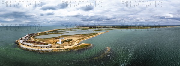 Panorama of Hurst Point Lighthouse and Hurst Castle from drone over Hurst Spit, Milford on Sea, Lymington, Hampshire, England, United Kingdom