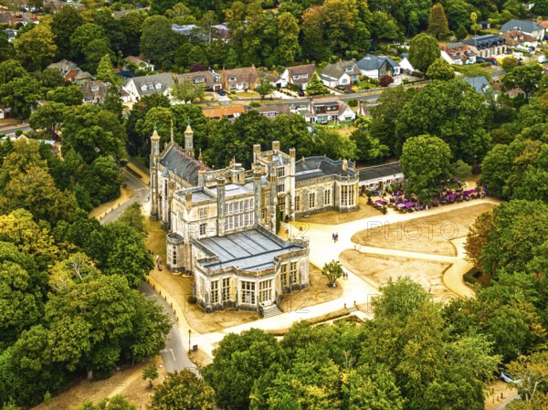 Highcliffe Castle from drone, Highcliffe, Dorset, England, United Kingdom
