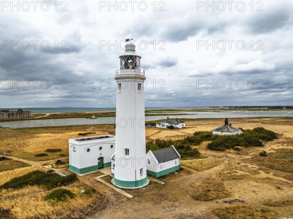 Hurst Point Lighthouse and Hurst Castle from drone over Hurst Spit, Milford on Sea, Lymington, Hampshire, England, United Kingdom