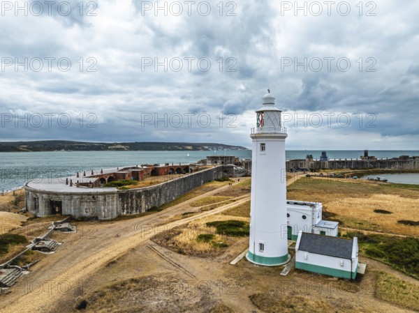 Hurst Point Lighthouse and Hurst Castle from drone over Hurst Spit, Milford on Sea, Lymington, Hampshire, England, United Kingdom