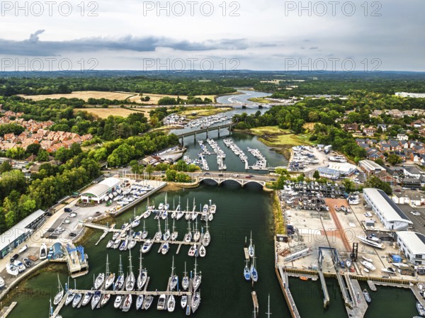 River Hamble and Swanwick Marina from drone, Swanwick, Southampton, Hampshire, England, United Kingdom