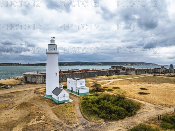 Hurst Point Lighthouse and Hurst Castle from drone over Hurst Spit, Milford on Sea, Lymington, Hampshire, England, United Kingdom