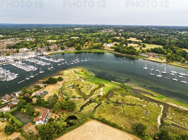 River Hamble and Swanwick Marina from drone, Swanwick, Southampton, Hampshire, England, United Kingdom