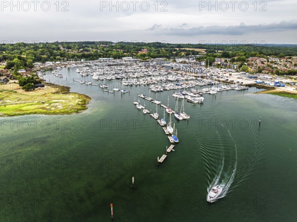River Hamble and Swanwick Marina from drone, Swanwick, Southampton, Hampshire, England, United Kingdom