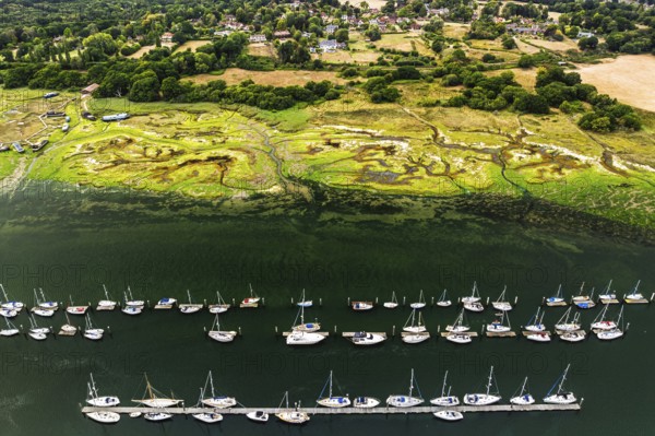 River Hamble and Swanwick Marina from drone, Swanwick, Southampton, Hampshire, England, United Kingdom