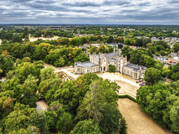 Highcliffe Castle from drone, Highcliffe, Dorset, England, United Kingdom