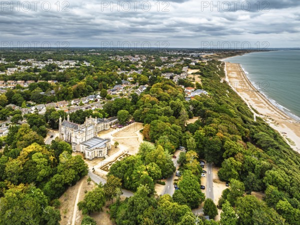 Highcliffe Castle from drone, Highcliffe, Dorset, England, United Kingdom