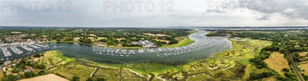 Panorama of River Hamble and Swanwick Marina from drone, Swanwick, Southampton, Hampshire, England, United Kingdom