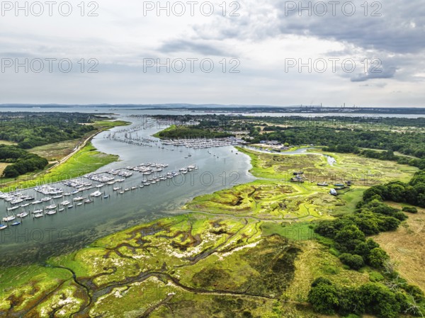 River Hamble and Swanwick Marina from drone, Swanwick, Southampton, Hampshire, England, United Kingdom