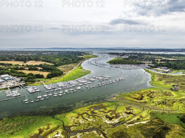 River Hamble and Swanwick Marina from drone, Swanwick, Southampton, Hampshire, England, United Kingdom