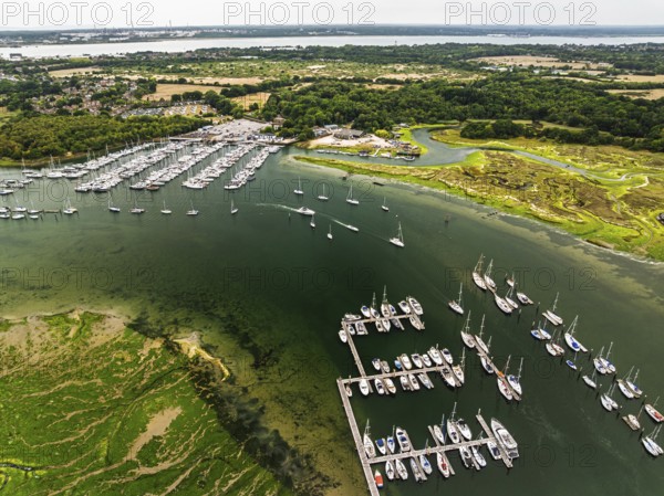 River Hamble and Swanwick Marina from drone, Swanwick, Southampton, Hampshire, England, United Kingdom