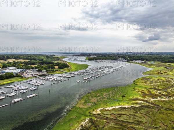 River Hamble and Swanwick Marina from drone, Swanwick, Southampton, Hampshire, England, United Kingdom