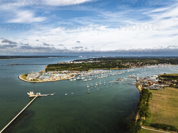 Hamble Point Marina over River Hamble from drone, Hamble-le-Rice, Warsash, Southampton Water, Hampshire, England, United Kingdom