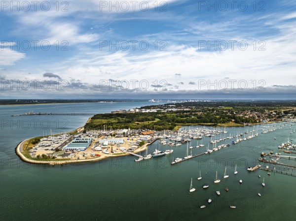 Hamble Point Marina over River Hamble from drone, Hamble-le-Rice, Warsash, Southampton Water, Hampshire, England, United Kingdom