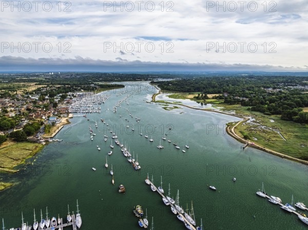 Hamble Point Marina over River Hamble from drone, Hamble-le-Rice, Warsash, Southampton Water, Hampshire, England, United Kingdom
