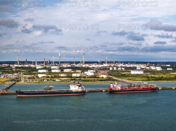 Gas tankers over refinery Esso Oil Terminal from drone, Southampton, Hampshire, England, EuropeDefault