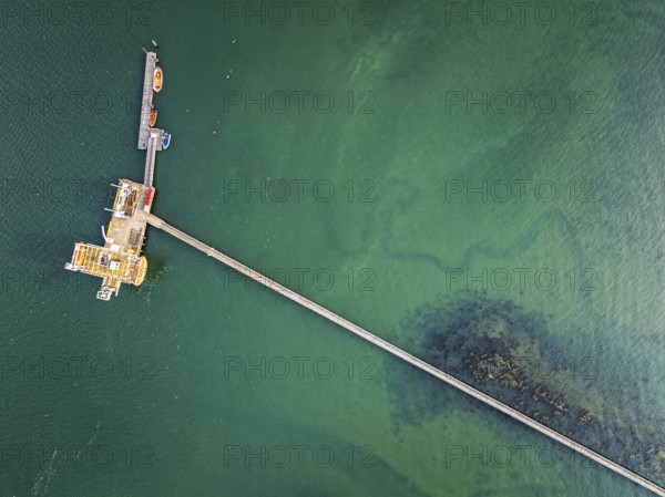 Top Down over Warsash Maritime Academy Pier and River Hamble from drone, Hamble-le-Rice, Warsash, Southampton Water, Hampshire, England, United Kingdom