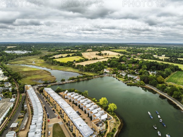 Lymington River and marina from drone, Lymington, New Forest, Hampshire, England, United Kingdom
