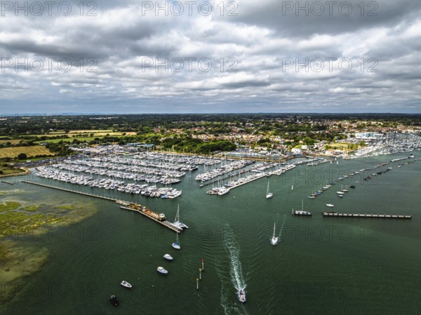 Lymington River and marina from drone, Lymington, New Forest, Hampshire, England, United Kingdom