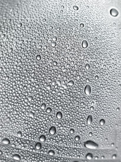 Drops of water on plastic bottle, neutrally illuminated, detailed view