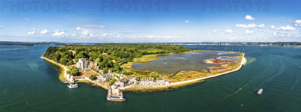 Panorama of Brownsea Castle on Brownsea Island from a drone, Poole, Dorset, England, United Kingdom