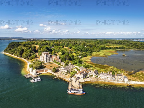 Brownsea Castle on Brownsea Island from a drone, Poole, Dorset, England, United Kingdom