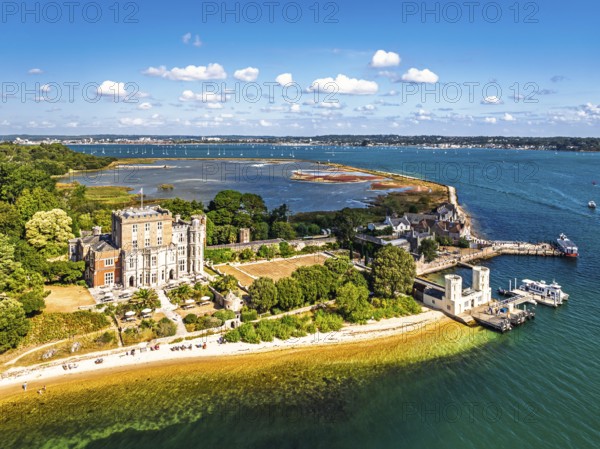 Brownsea Castle on Brownsea Island from a drone, Poole, Dorset, England, United Kingdom