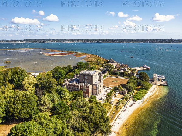 Brownsea Castle on Brownsea Island from a drone, Poole, Dorset, England, United Kingdom