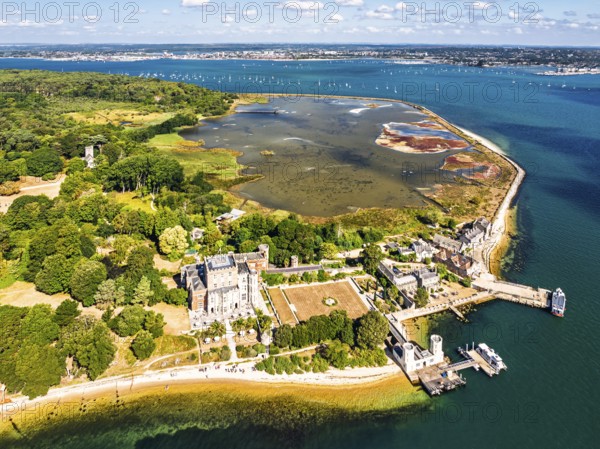 Brownsea Castle on Brownsea Island from a drone, Poole, Dorset, England, United Kingdom