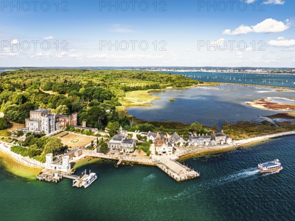 Brownsea Castle on Brownsea Island from a drone, Poole, Dorset, England, United Kingdom