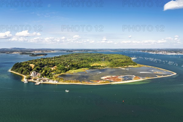 Brownsea Castle on Brownsea Island from a drone, Poole, Dorset, England, United Kingdom