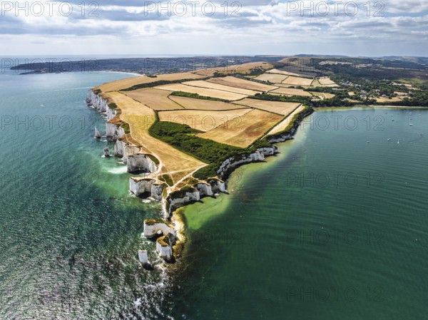 White Cliffs of Old Harry Rocks Jurassic Coast from a drone, Handfast Point, Dorset Coast, Poole, Dorset, England, United Kingdom