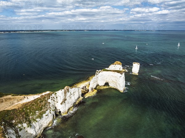 White Cliffs of Old Harry Rocks Jurassic Coast from a drone, Handfast Point, Dorset Coast, Poole, Dorset, England, United Kingdom