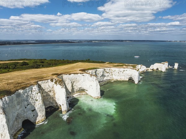 White Cliffs of Old Harry Rocks Jurassic Coast from a drone, Handfast Point, Dorset Coast, Poole, Dorset, England, United Kingdom