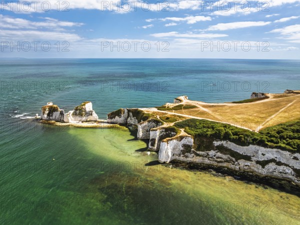 White Cliffs of Old Harry Rocks Jurassic Coast from a drone, Handfast Point, Dorset Coast, Poole, Dorset, England, United Kingdom