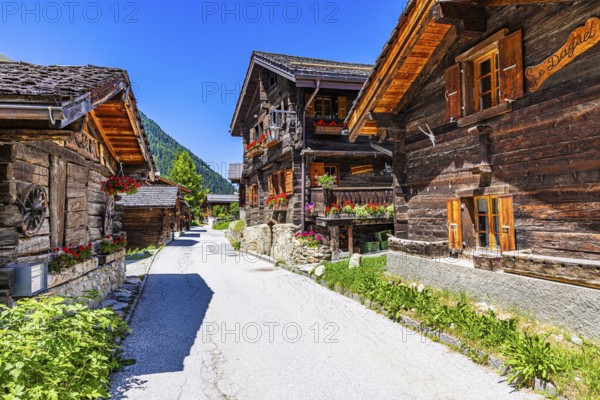 Old wooden houses in the historic centre of Zinal, Val d'Anniviers, Valais Alps, Canton Valais, Switzerland