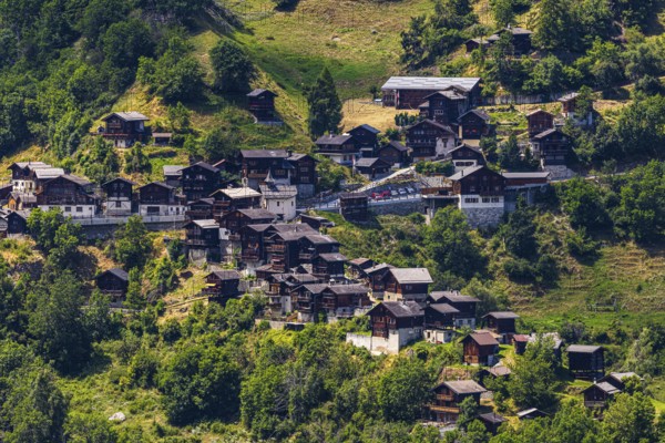 The mountain village of Pinsec, view from Saint Luc, Val d'Anniviers, Valais Alps, Canton Valais, Switzerland