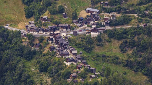 The mountain village of Pinsec, view from Saint Luc, Val d'Anniviers, Valais Alps, Canton Valais, Switzerland