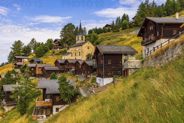 Historic village centre and Sainte Barbe church, Chandolin, Val d'Anniviers, Valais Alps, Canton Valais, Switzerland