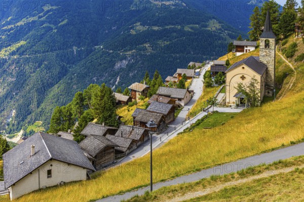 Historic village centre and Sainte Barbe church, Chandolin, Val d'Anniviers, Valais Alps, Canton Valais, Switzerland
