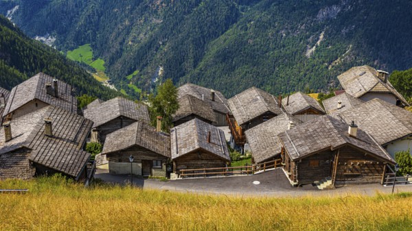 Wooden shingle roofs in the historic centre of Chandolin, Val d'Anniviers, Valais Alps, Canton Valais, Switzerland